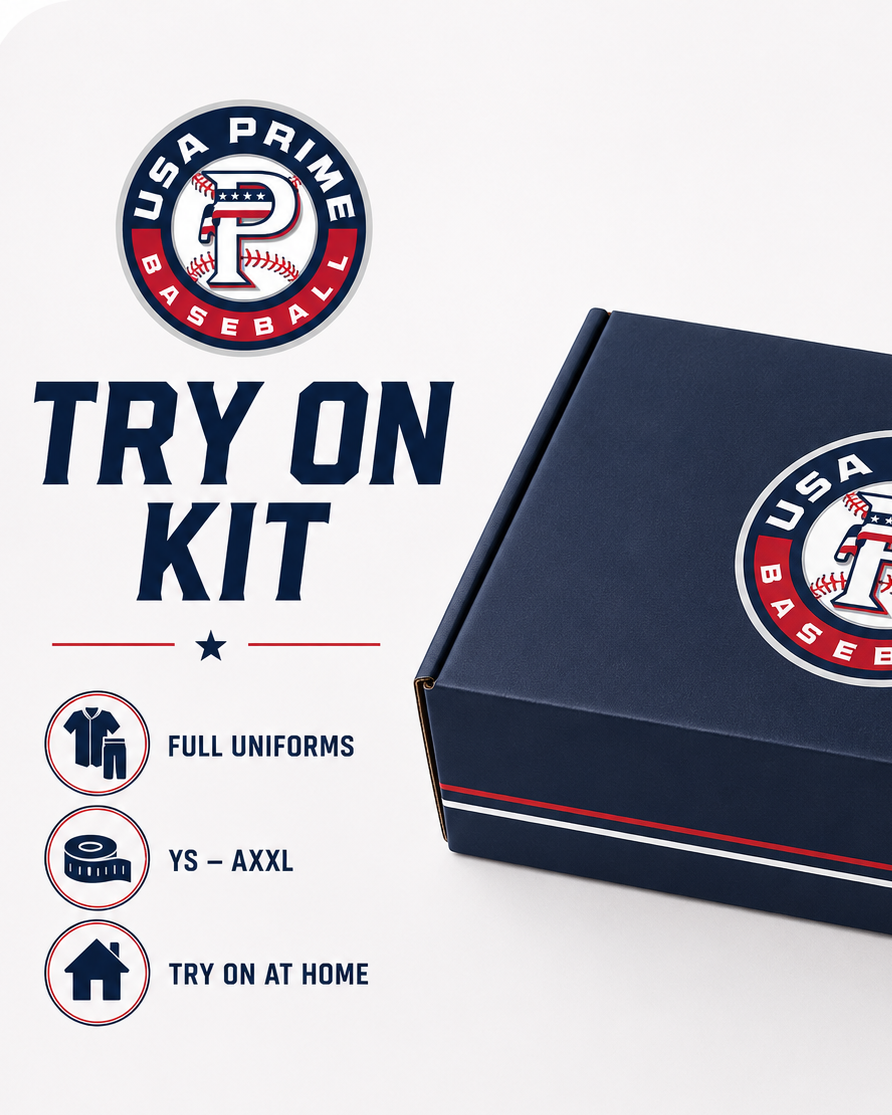 USA Prime Baseball try on kit packaging with branding and features listed.