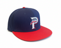 Navy and red baseball cap with a logo on a white background