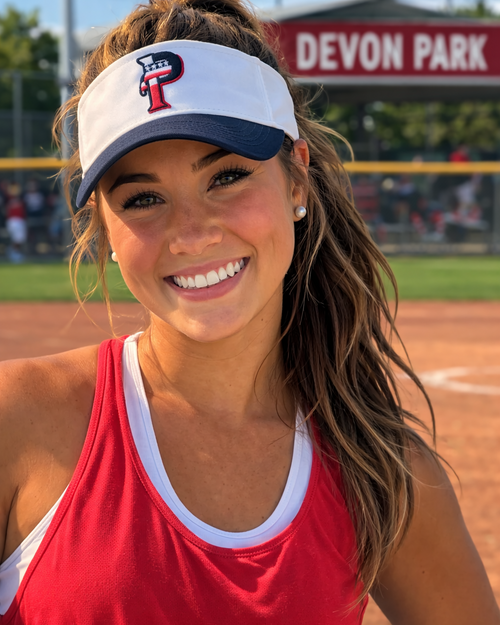 Woman in a red sports outfit with a visor on a baseball field, with 'Devon Park' in the background.