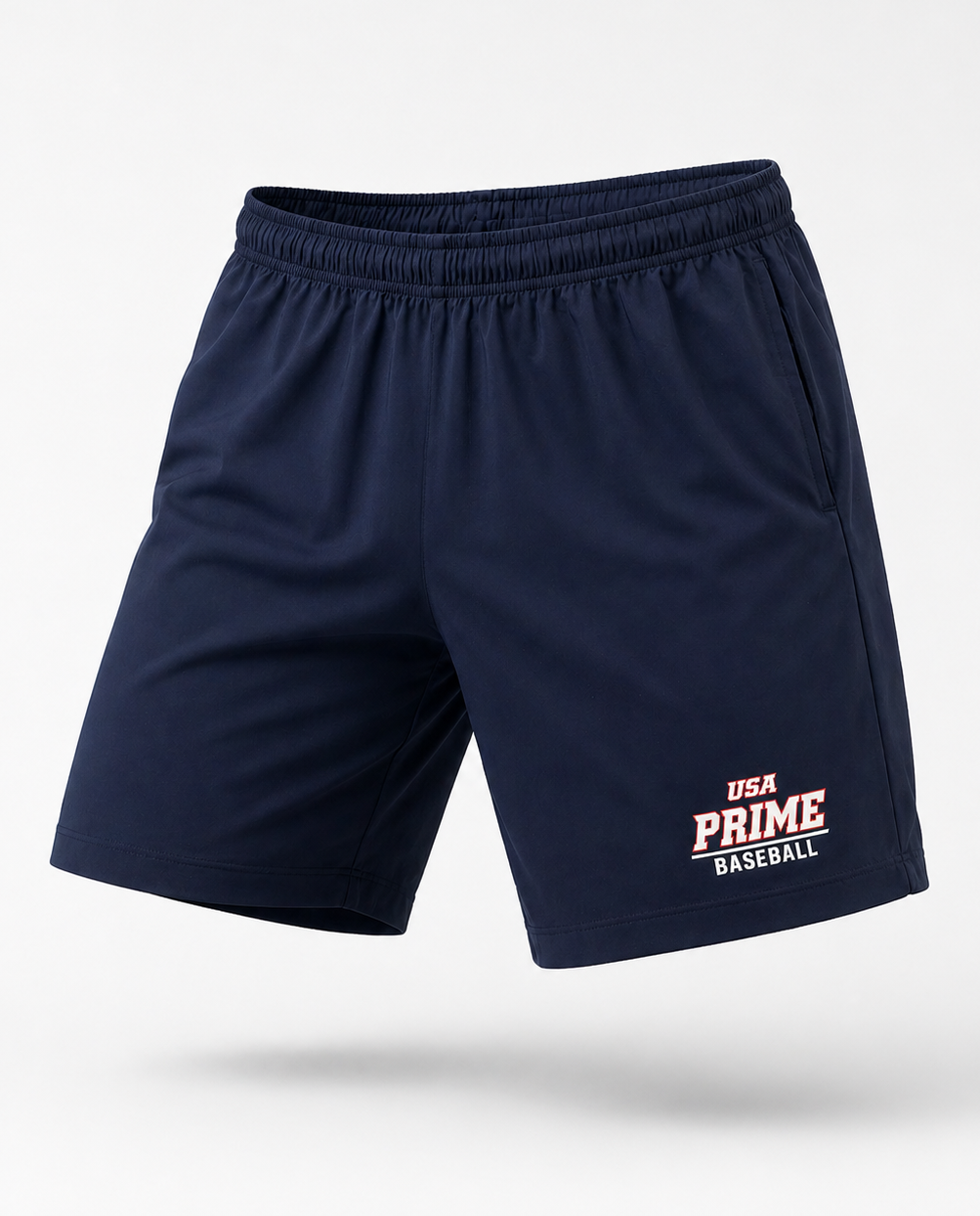 Navy blue shorts with 'USA Prime Baseball' logo on a white background