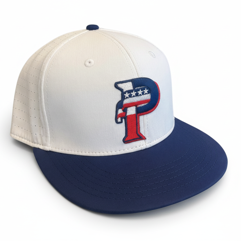 White and blue cap with a logo on a white background